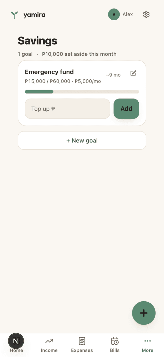 Yamira savings screen with an Emergency fund goal partway filled